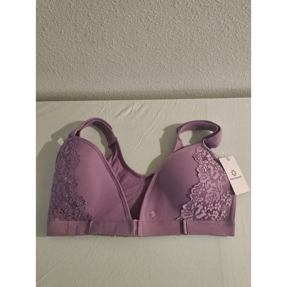 VeraComfort Front Closure Wireless Lace Bra Purple Mauve Cotton Spandex SZ L NWT